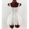 New style women's white lace dress with square neckline, wide band, fitted waist, and full-puff short skirt