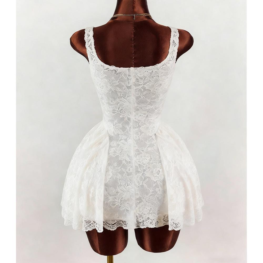 New style women's white lace dress with square neckline, wide band, fitted waist, and full-puff short skirt
