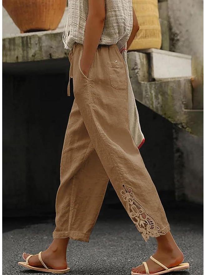 Autumn Lace Patchwork High-Waist Drawstring Cropped Casual Pants with Pockets 2025