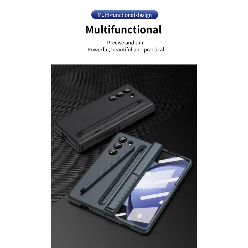Skin Feel Matte for Samsung Galaxy Z Fold 6 5 4 3 Case with Tempered Film Pen Slot Capacitor Pen Folding Hinge Bracket Cover
