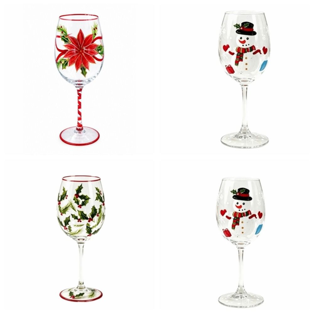 Poinsettia Christmas Wine Glass 2D Hand Painted Red Wine Cup Clear Stemmed Cup Christmas