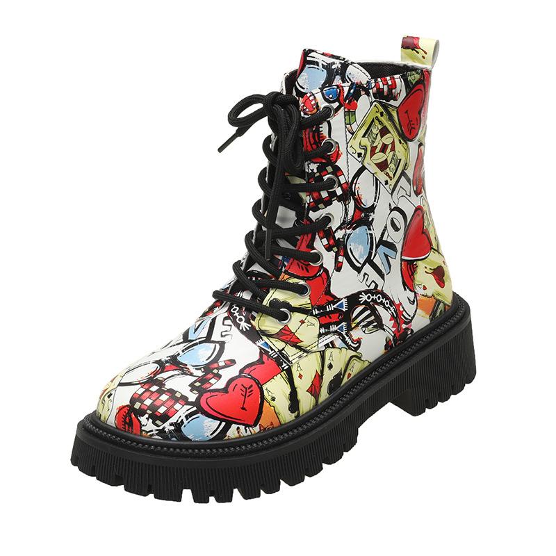 2024 new autumn and winter Martin boots European and American large-size graffiti women's boots printed cartoon lace-up pattern leather boots children