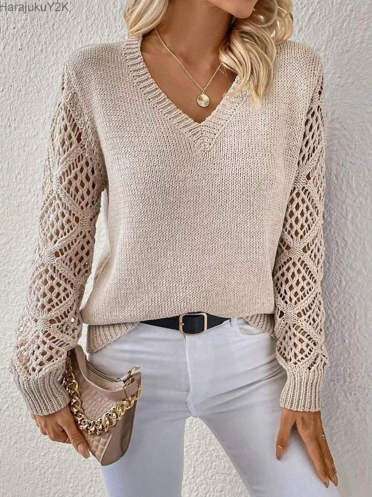 2026 Fashion Casual Sweaters Tops For Womens Solid V Neck Knit Sweater Fall Pullover Knit