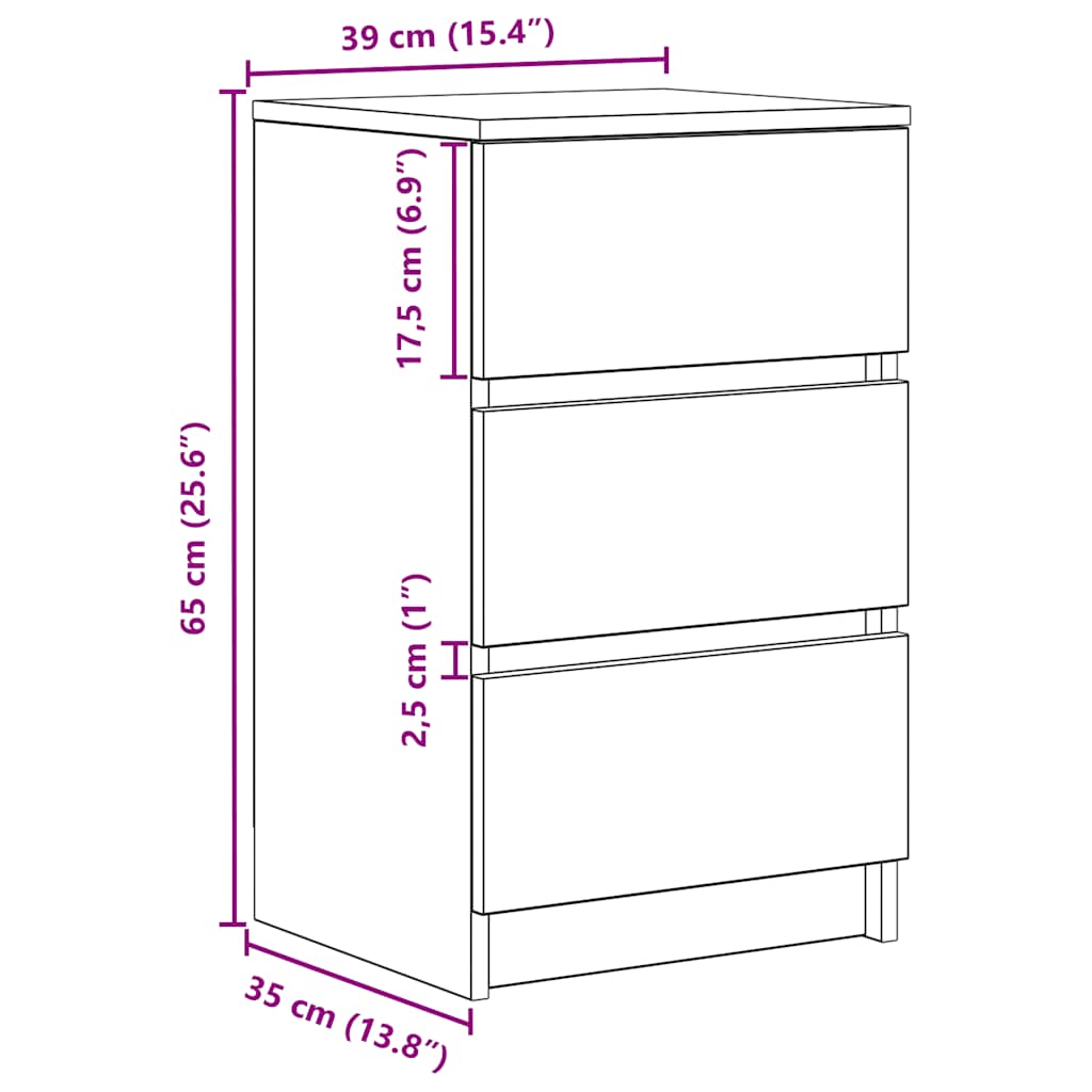 Nightstand with 3 Drawers Sonoma Oak Finish 39 x 35 x 65 cm