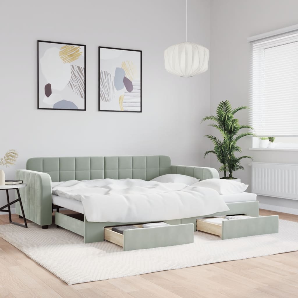 Pull Out Daybed with Drawers Light Grey 90x190 Cm Velvet