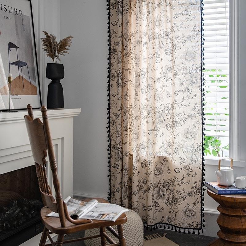 Cotton Linen American Floral Blackout Window Curtains with Tassel for Bedroom Kitchen Curtains Country Style Living Room Curtain