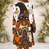 Women Criss Cross V Neck Long Sleeve Printed Dress Halloween Pumpkin Mushroom Fitted Curved Hem