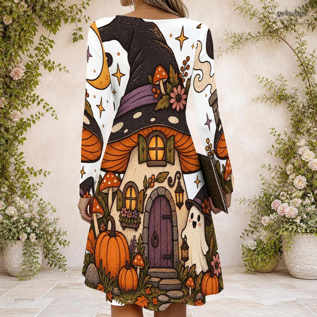 Women Criss Cross V Neck Long Sleeve Printed Dress Halloween Pumpkin Mushroom Fitted Curved Hem