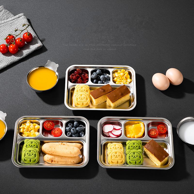 4 Grids 304 Stainless Steel Divided Dinner Tray Lunch Fruit Snack Container Food Plate for Students Canteen Restaurant Tableware