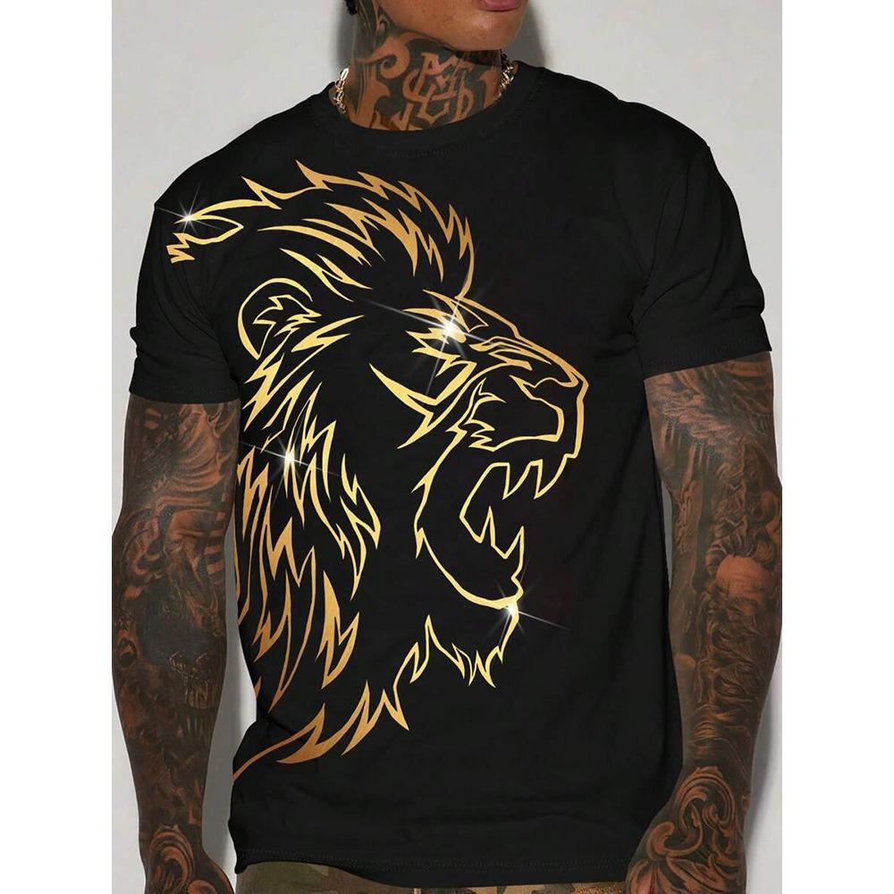Nowy Letni Outdoorowy Casualowy Męski T-shirt Codzienny Uliczny Męski Top z Krótkim Rękawem Nadruk Lwa Męski T-shirt Sportowy Modny T-shirt