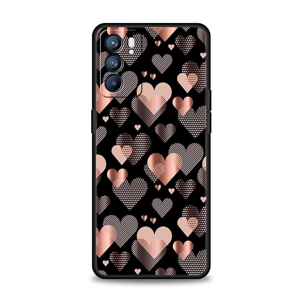Gold Pink Rose Glitter Hearts Case For Oppo A54 A53 A52 A15 A95 A16 A78 A79 A80 A98 4G Find X5 X6 Reno10 12 13 F Pro 5G Cover
