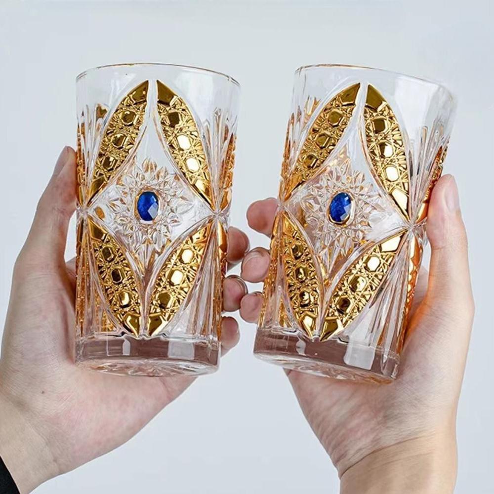 1pc, Crystal Glass Butterfly Cup, High End Lead-free Glass Wine-glasse, Retro Relief Water Cup, Home Golden Juice Cup, 360ml