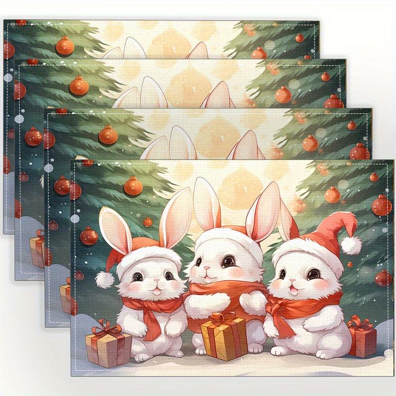 4pcs Christmas Little White Rabbit Printed Placemats Linen Placemats Design, Heat Insulation Tableware Kitchen 4PCS