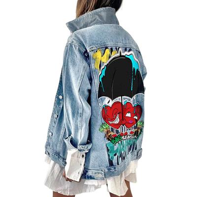 2618 Cartoon Graffiti Amazon Mantel Denim Internet-Berühmtheit Jacke Damen Herbst und Winter Baseballtrikot Amazon Mantel