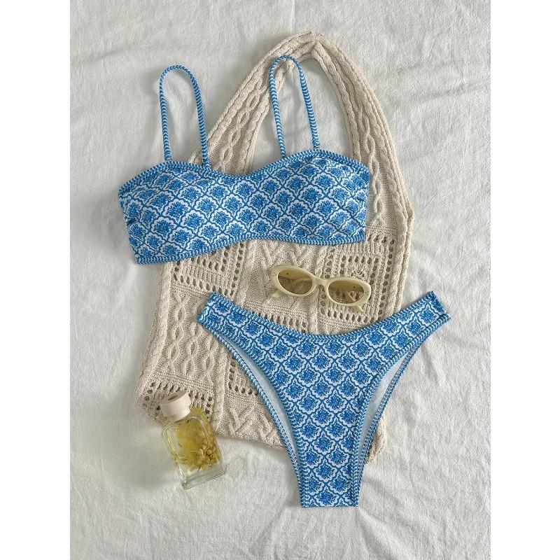 Sexy Bandeau Bikini 2026 Women Green Floral Pleate Push Up Padded Thong Swimsuit Summer Bathing Suit Two Piece Swimwear Biquini