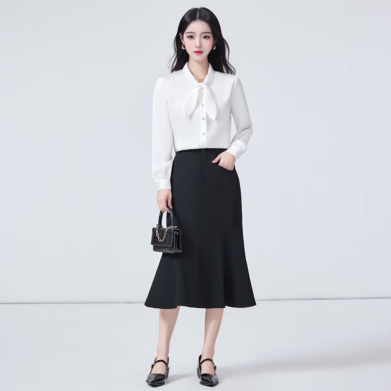 Women's Professional Chiffon Bow Tie Long Sleeve Blouse