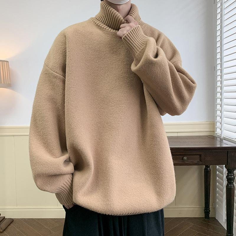 Turtleneck Gray for Men In Autumn Winter Lazy Style High-end Solid Color Loose Pullover with Knitted Sweater Inside