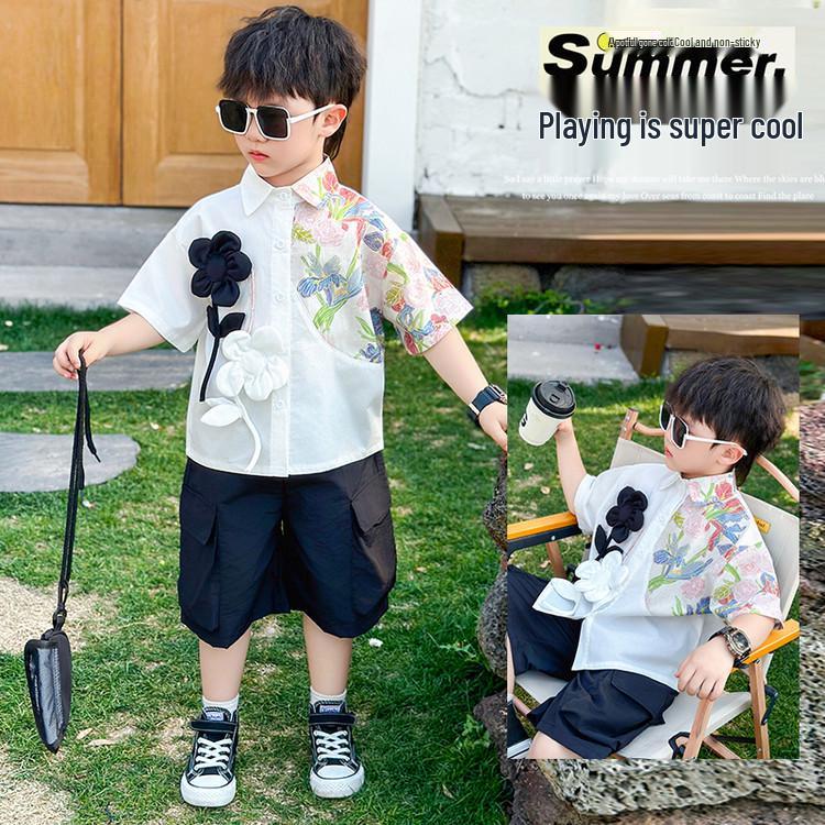 Boys' 2026 Summer Fashion: 3D Flower Print Short Sleeve Shirt & Shorts Set