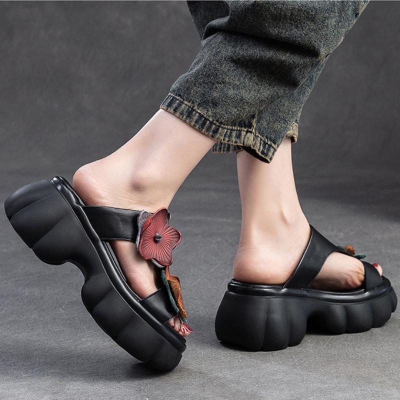 Zapatillas de cuero genuino a la moda con suela gruesa y punta abierta para exteriores, zapatos de plataforma para mujer