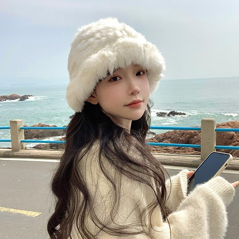 Autumn and winter cloud plush hat women's thermal basin hat big head circumference shows small face fluffy rabbit fur hat
