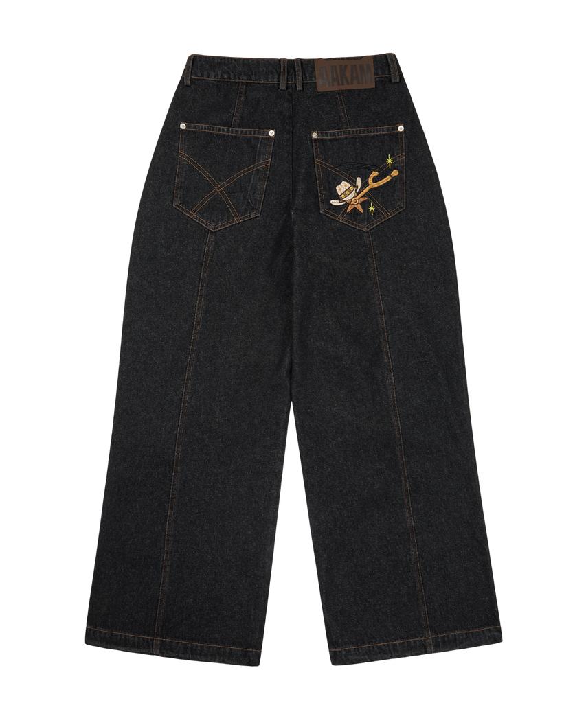 AAKAM Knee Pin-Tuck Western Denim Pants (Black)
