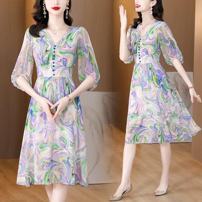 Spring and Summer New Elastic Waist French Temperament Dress Flower Print Women's Dresses