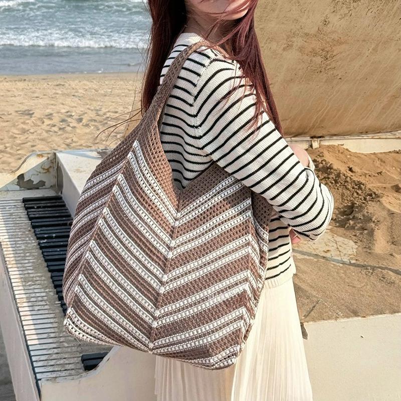 Versatile Knitted Bag for Women, Summer Casual Commuting Patchwork Woven Bag, Beach Vacation Style Beach Bag