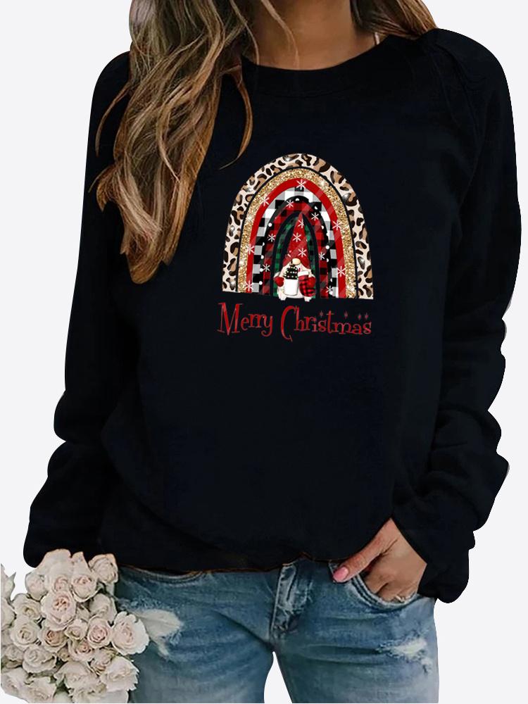 Toamnă și iarnă Pulover cu imprimare cu tema de Crăciun pentru femei, cu gât rotund, cu mânecă lungă, ocazional, mai sus