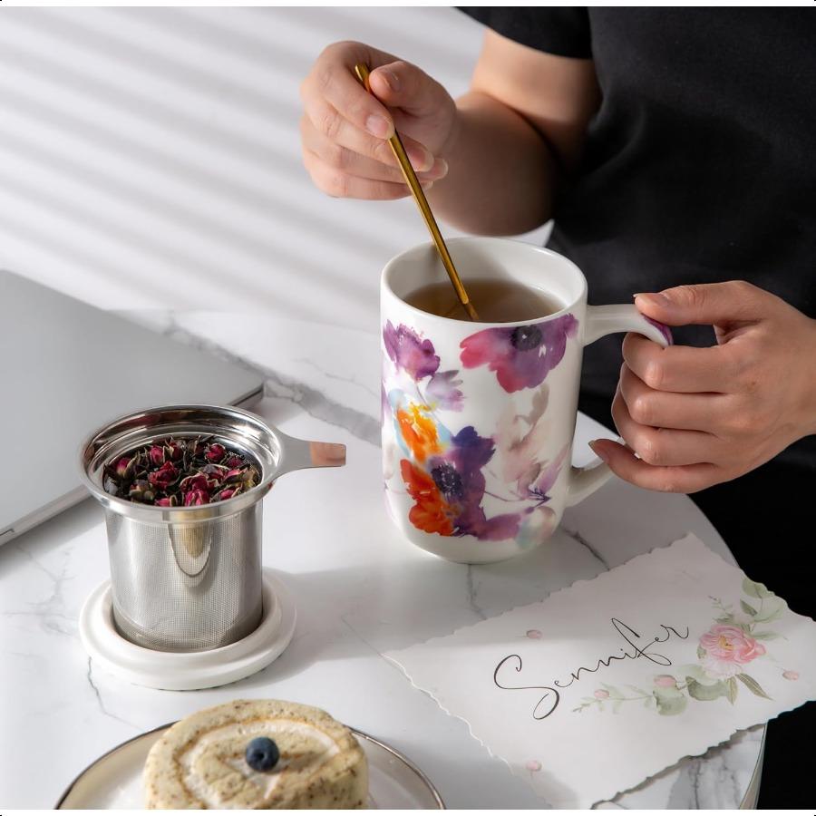 Porcelain Tea Mug with Infuser and Lids 18 Oz Large Cup Strainer with Bag Holder for Loose Leaf Tea Steeping Coffee Mug for Hou