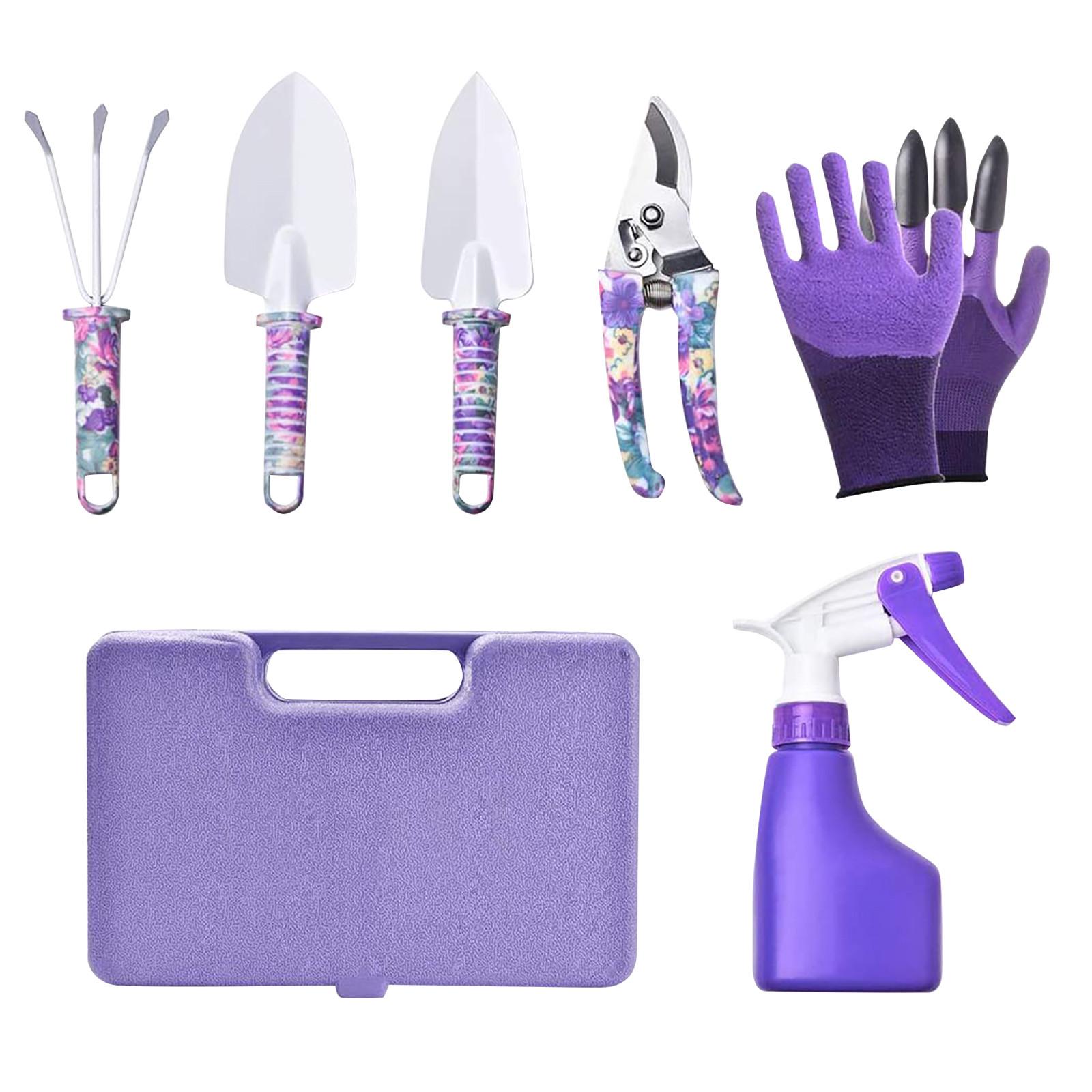 

Набор из 6 садовых инструментов: мастерок, культиватор, секатор, распылитель воды, перчатки фиолетовый