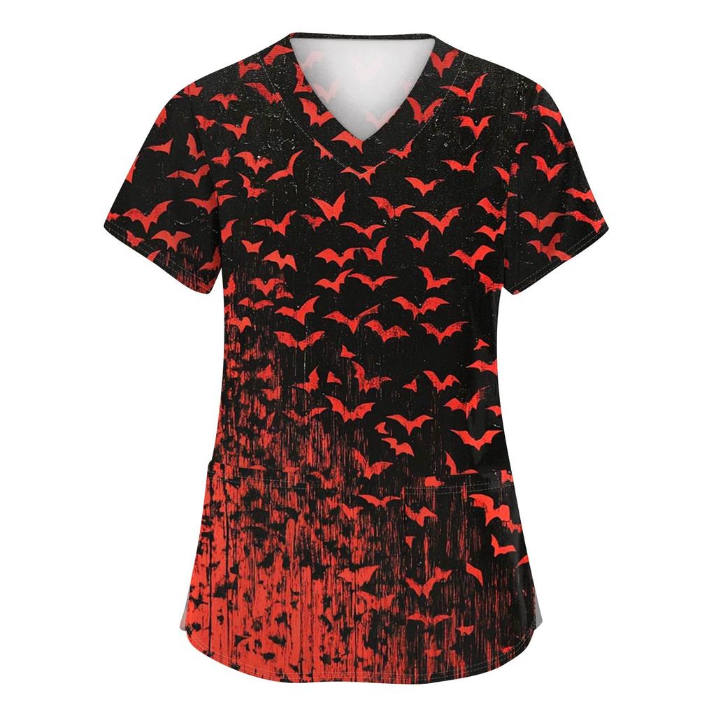 Women's Fashion V-neck Short-sleeved Work Uniform With Pockets, Halloween Print Top