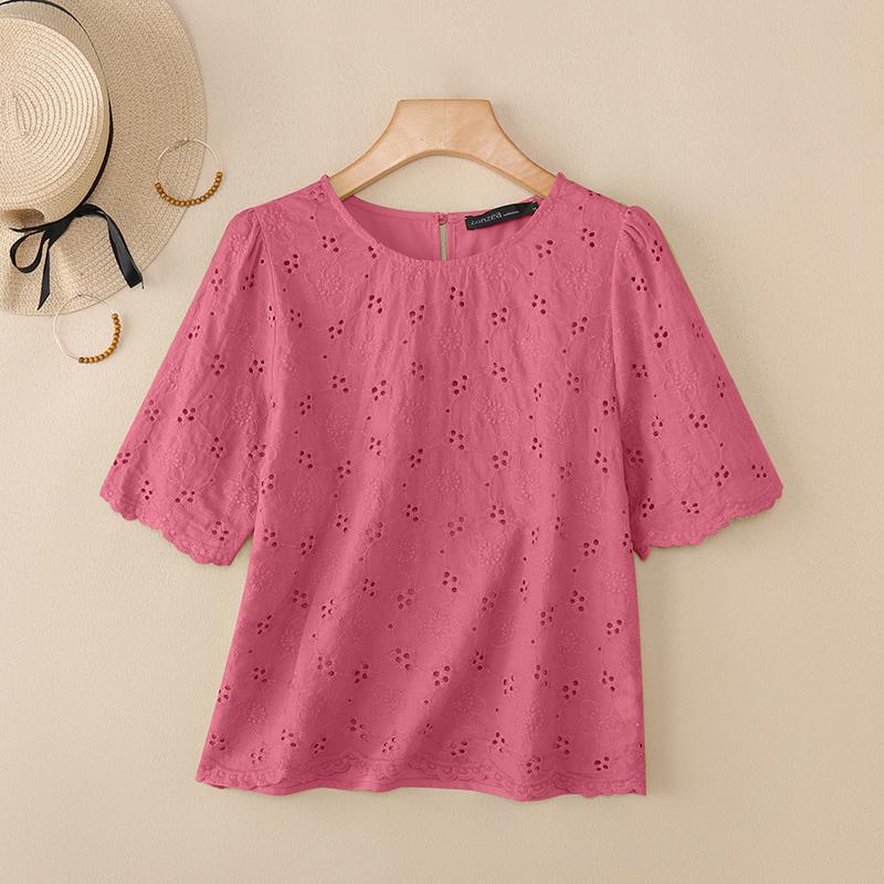 

ZANZEA Женская повседневная блузка с круглым вырезом, летняя, с коротким рукавом, с вышивкой, крючком, пэчворк 4XL