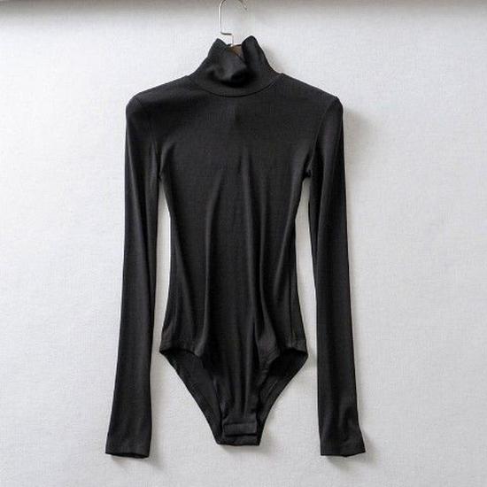 

Жіночий боді з довгим рукавом, високою горловиною, рубчастий, що облягає - Універсальний топ для нашарування навесні та восени. Large чорний