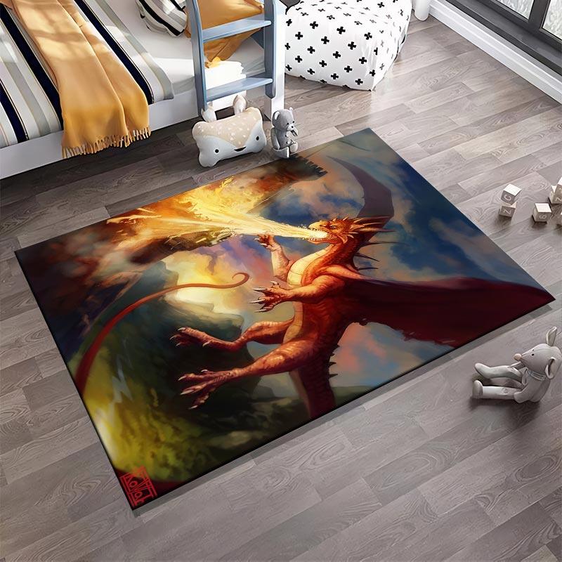 Fiery Dragon Attacking Castle with Scenic Background Fantasy Illustration Carpet Suitable for use as an anti-slip1 for1room and bedroom sofas