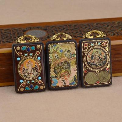 Tibet Thangka Necklace Zha Ji La Mu Yellow Jambhala Buddha Talisman Pendant Ethnic Style Ebony Wood Wealth Charm Accessory.
