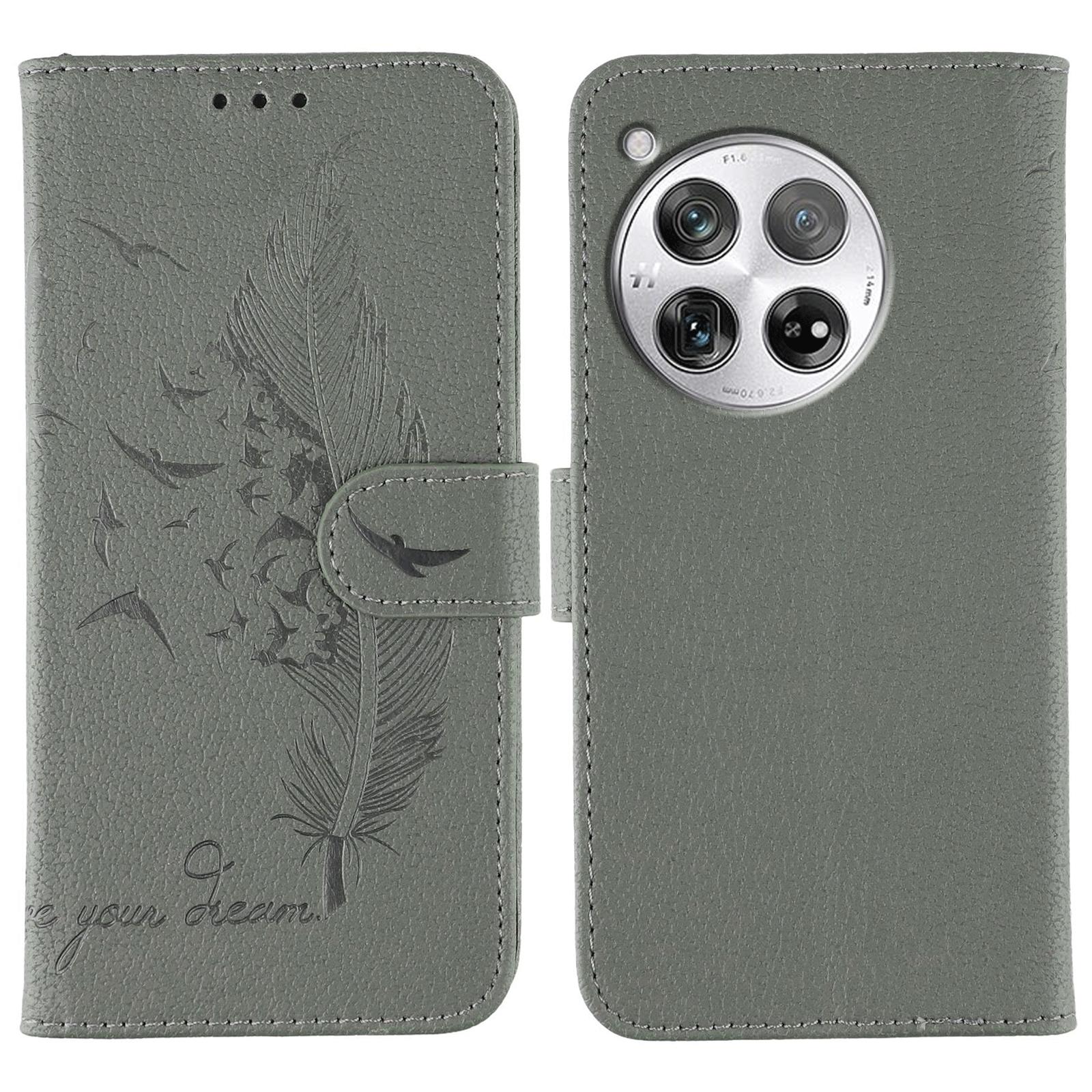 

For OnePlus 12 5G Case Feather Imprint PU Leather Wallet Phone Cover Grey