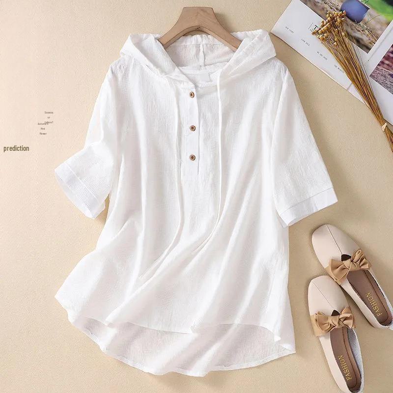 2024 Women's Chinese-Style Jacquard Embroidered Cotton-Linen Hooded Cardigan Shirt - Casual and Trendy Summer Wear