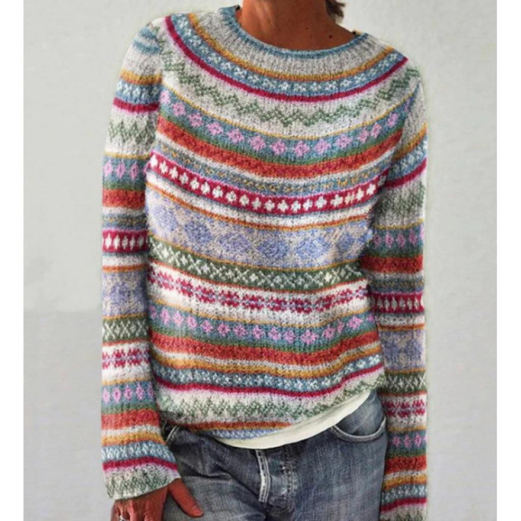 Women's Round Neck Color Blocked Loose and Fashionable Pullover Knitted Sweater for Autumn and Winter
