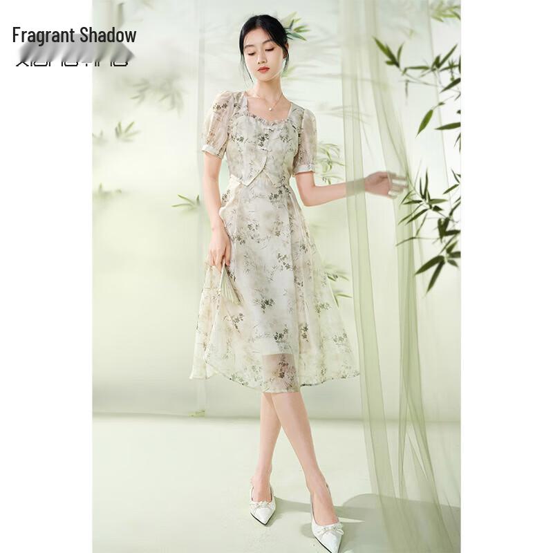 Xiangying Women s New Chinese Style Floral Puff Sleeve Dress S