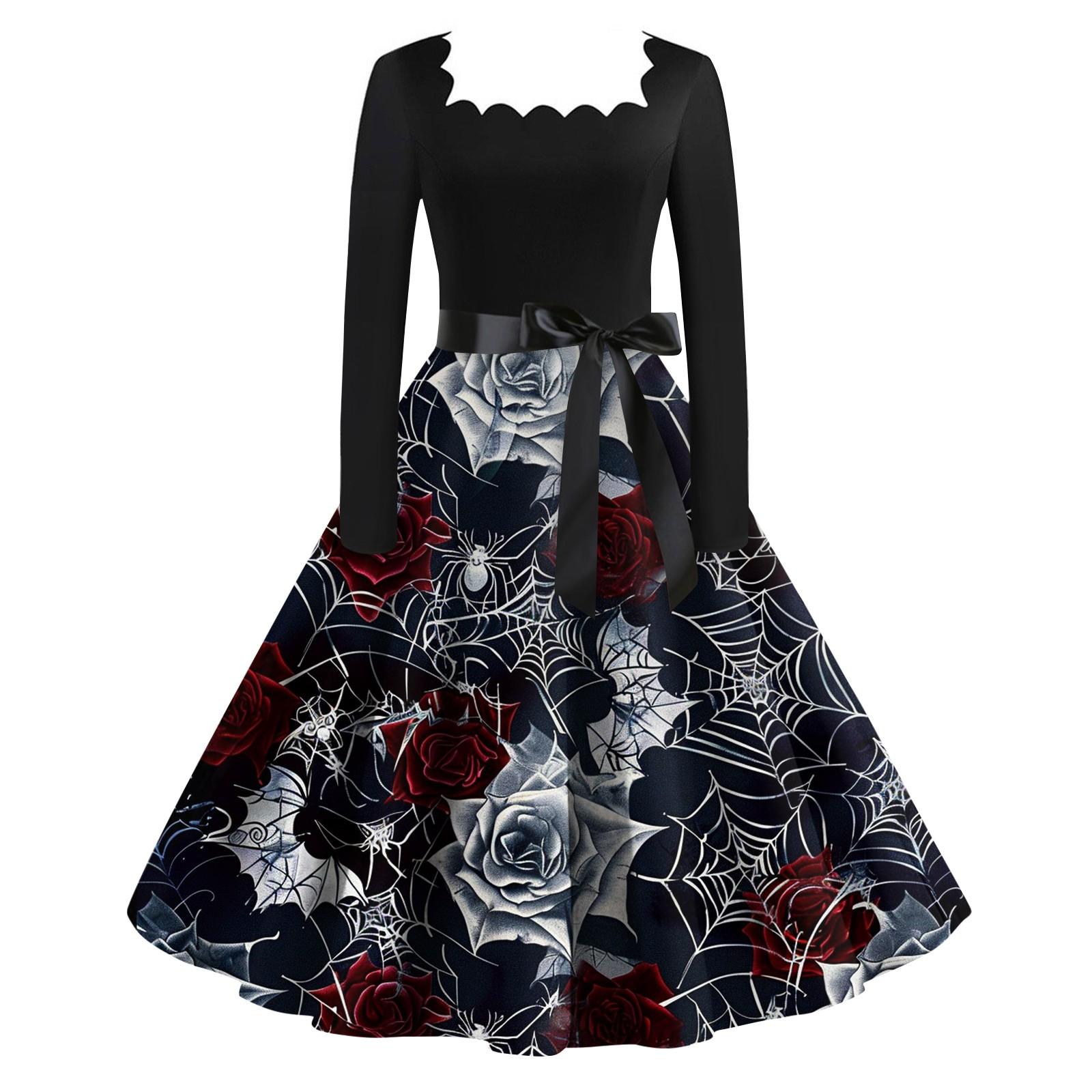 

Женское модное ретро вечернее платье с длинным рукавом и квадратным вырезом с принтом на Хэллоуин XXXXL