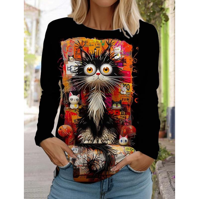 Women's Cute Cat Long Sleeves T-Shirt Round Neck Long Sleeved Autumn Animal Clothing Holiday Gift Clothing Fashion Party T-Shirt