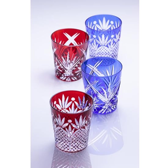 NARUMI Glass Works Prince Pair Rock Glasses, 270cc, Blue & Red Cased Glass, Kiriko Whiskey Glass, Ol