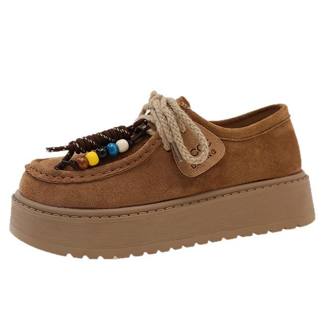 Retro fringed beaded loafers women's autumn 2025 new suede comfortable soft muffin sole casual shoes