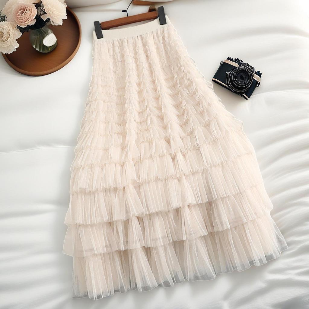 Autumn/Winter Layered Mesh Pleated High-Waisted Fluffy Long Skirt