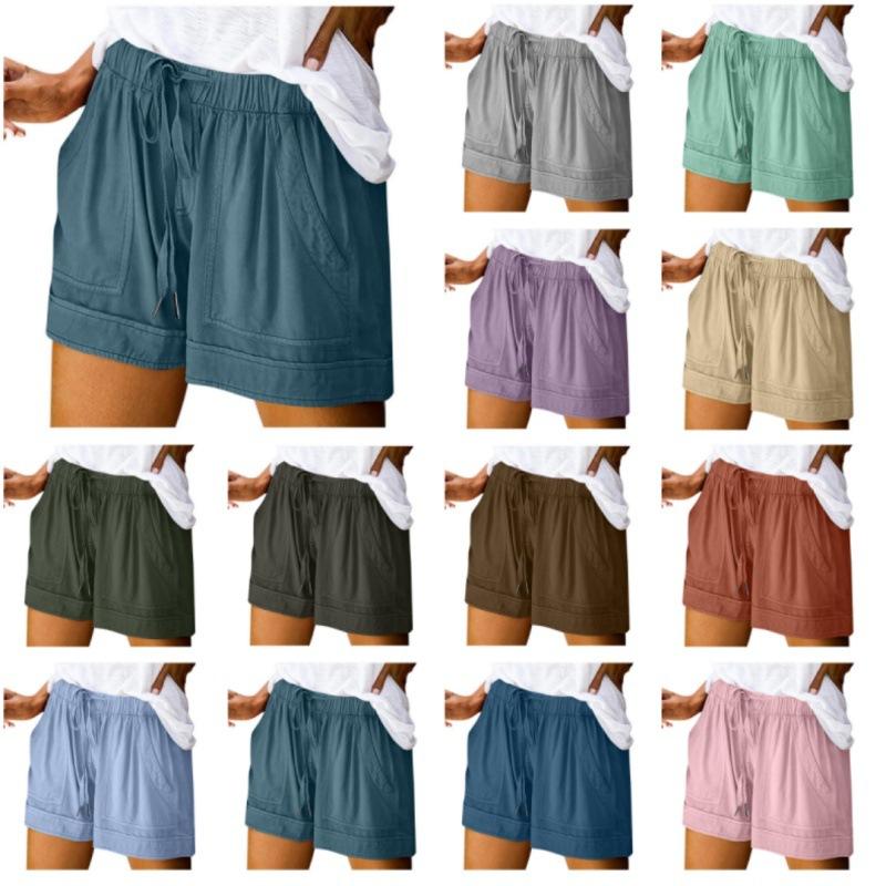 Women's Summer Large Size Loose Solid Color Drawstring Lace-Up Pocket Casual Shorts Women