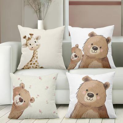 Cute Animal Printed Cushion Covers Giraffe And Bears Polyester Pillowcase, Sofa Decorative Cushion Cov Headboard Pillow