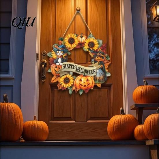 Maple Leaf Halloween Sign Wooden Hanging Decor Sign, Spooky Black Cat Pumpkin Witch Ghost Ornaments Easy Install with Jute Rope, Festive