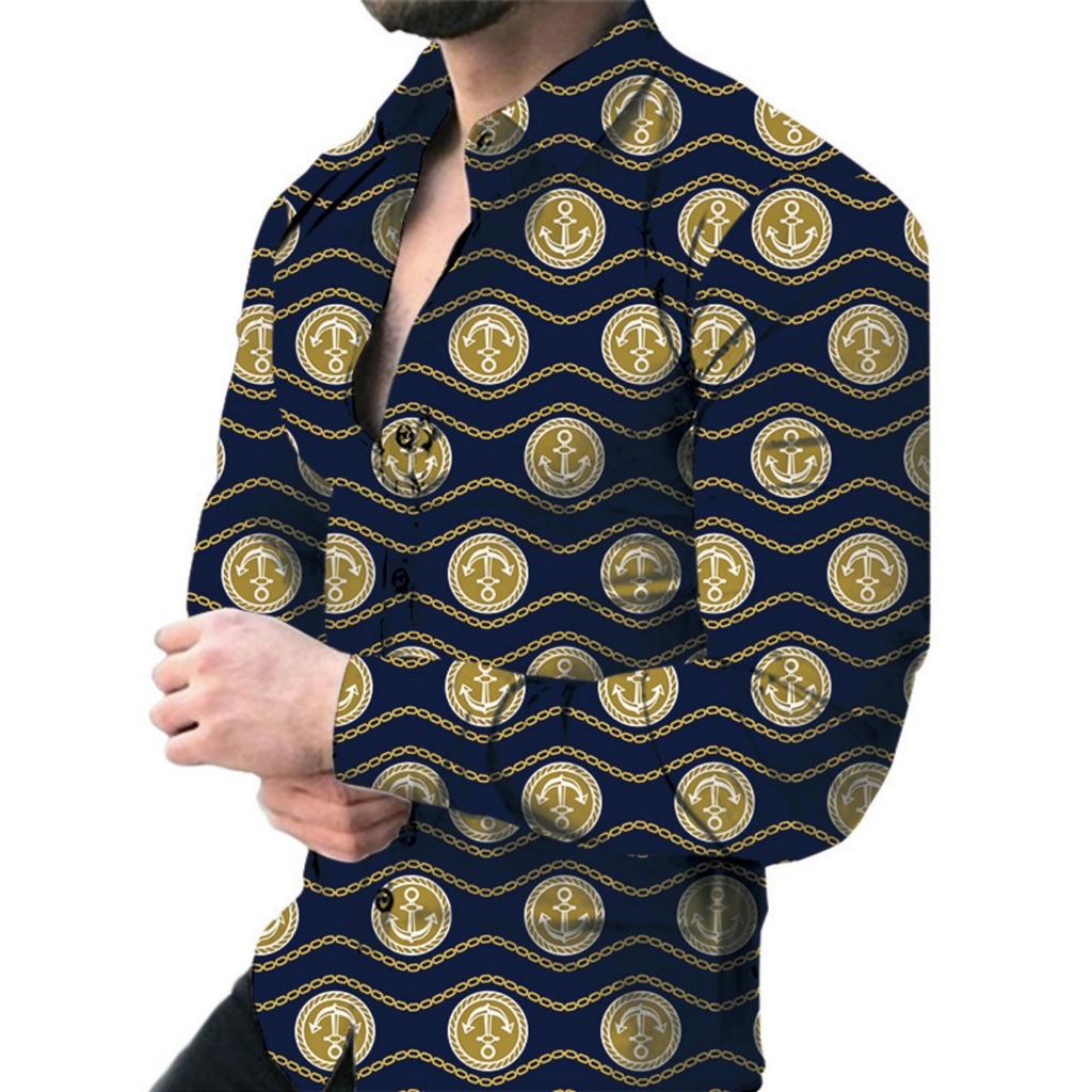 Luxuriöses Barock-Kettenprint Langarmhemd, Trendiges Mode-Oberteil für Herren