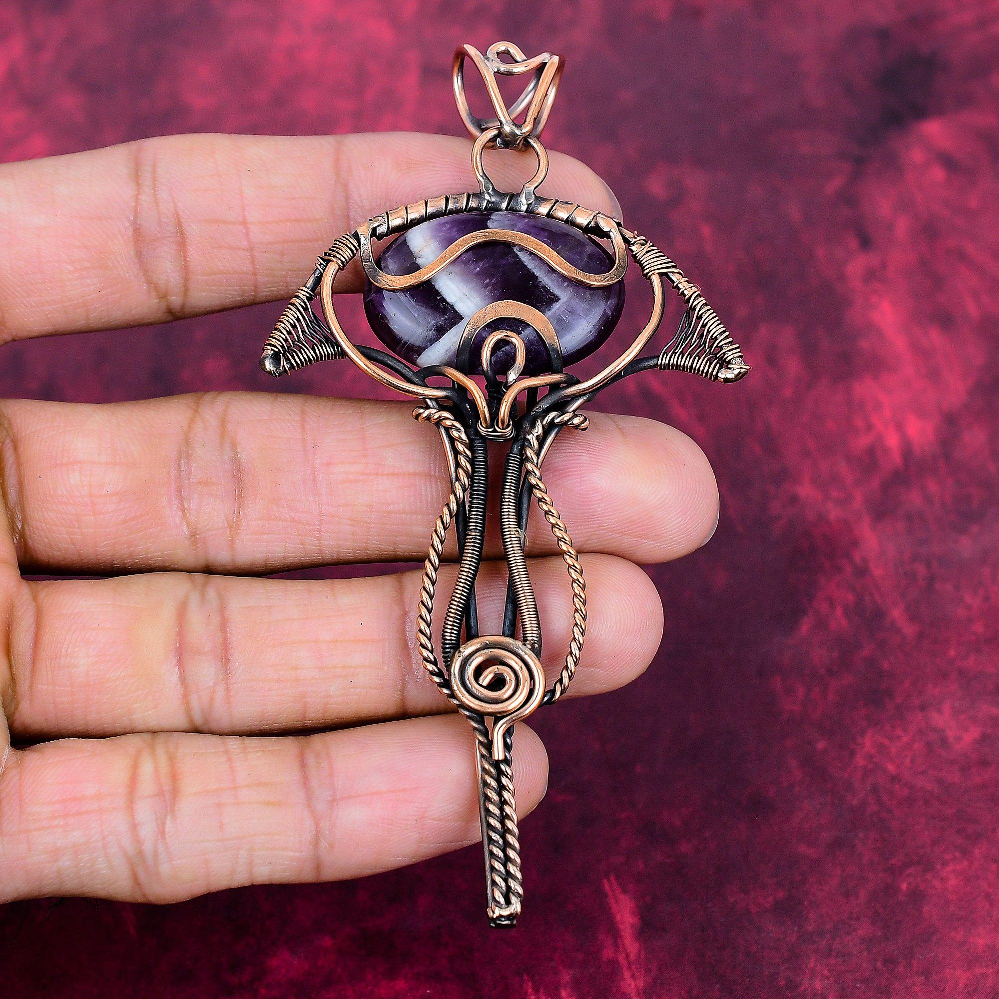 Chevron Amethyst Pendant Copper Wire Wrapped Handmade Jewelry Gemstone Pendant