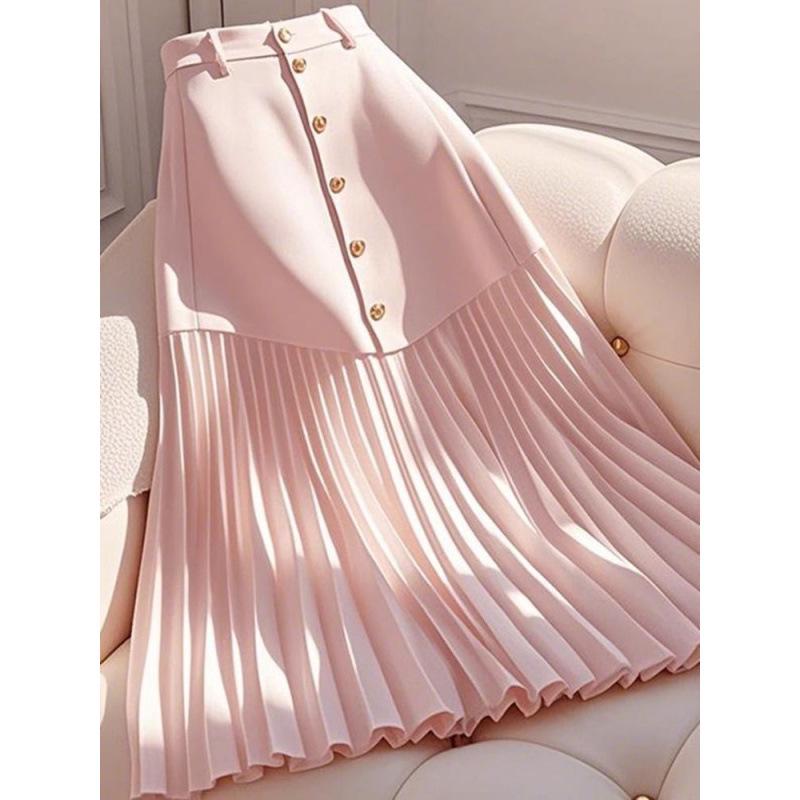 Trendy Pink Patchwork Pleated A-line Midi Skirt: Pear-Shaped, High-Waisted, Hip-Covering, Slimming Design for Women